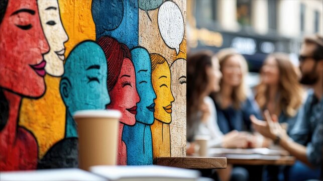 A colorful mural of diverse faces is in the foreground, with a group of blurred people conversing at an outdoor cafe in the background.