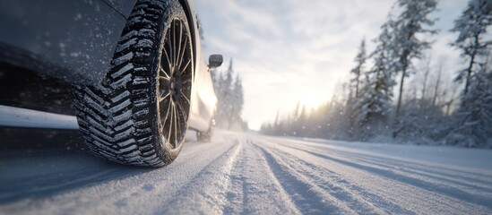 A vehicle's tire on a snowy road with trees and sunlight in the background