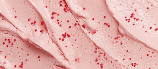 Close-up of a textured pink surface with small red sprinkles scattered across it