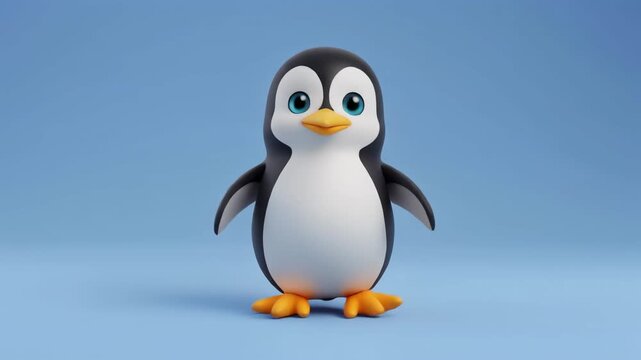 A cute 3D rendered cartoon penguin with big blue eyes stands upright on a light blue background, looking directly forward.