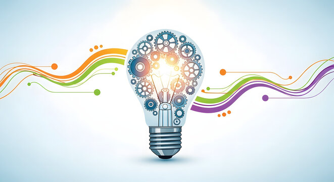 Innovation and creativity concept with a glowing light bulb filled with mechanical gears representing the thinking process and new ideas