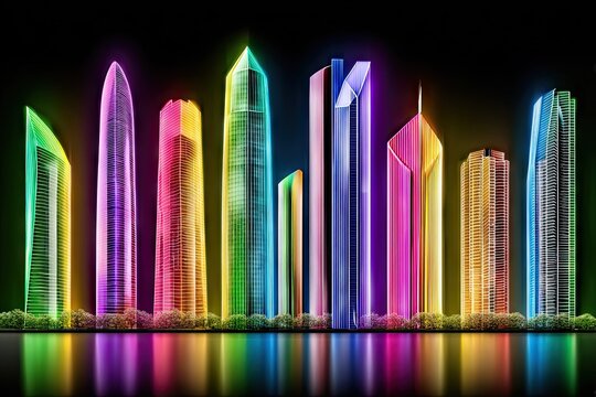 Colorful skyscrapers illuminated, mirrored on a dark surface