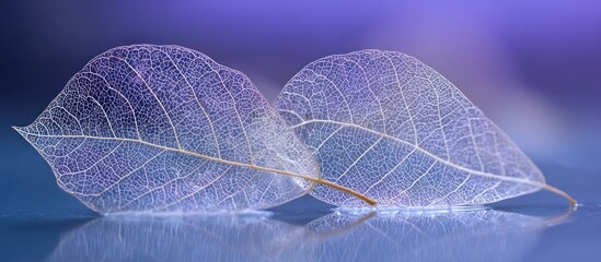 Two delicate leaf skeletons on a glossy surface, against a purple background