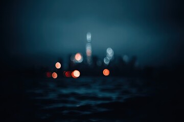Blurred cityscape at night over water, distant and dreamy