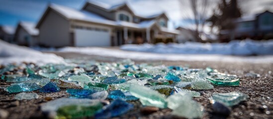 Shards of colored glass on a pavement, house with snow in background, winter scene