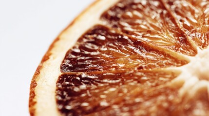 Close-up of a dried orange slice with intricate textures against a white background