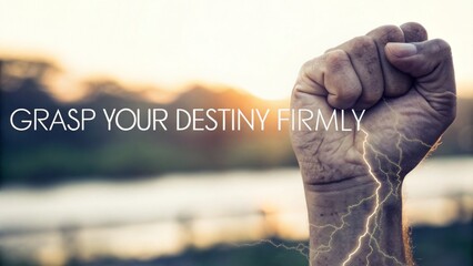 A clenched fist with power radiating outwards into a bright sky