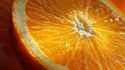 Close-up of a sliced orange, revealing detailed textures, segments, and vibrant colors