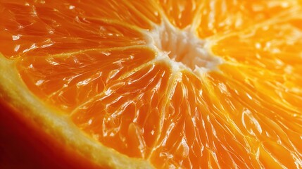 Close-up shot of a juicy orange slice, revealing vibrant textures