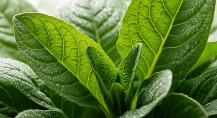 Vibrant Green Leaves with Fresh Water Droplets in Close up