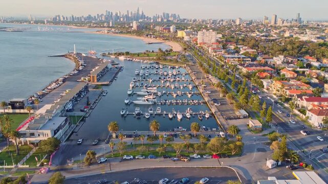 Aerial Pan of Melbourne CBD Skyline from Point Ormond Lookout at Sunset