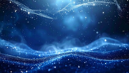 Flowing waves of shimmering blue particles create a magical and futuristic abstract background for technology concepts