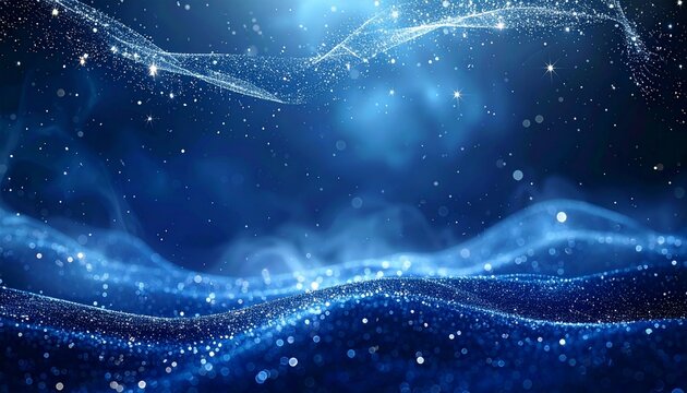 Flowing waves of shimmering blue particles create a magical and futuristic abstract background for technology concepts