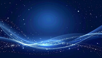 Abstract blue waves with shimmering sparkles and particles, flowing through a dark, starry night sky