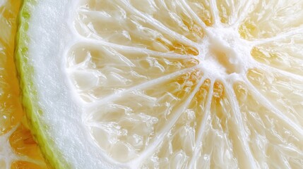 Close-up of sliced citrus fruit showing interior segments and rind texture