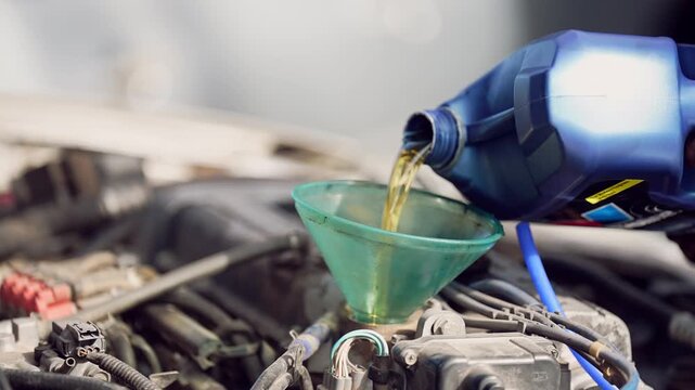 Engine oil being poured into a car engine using a funnel during routine maintenance. Essential service process.