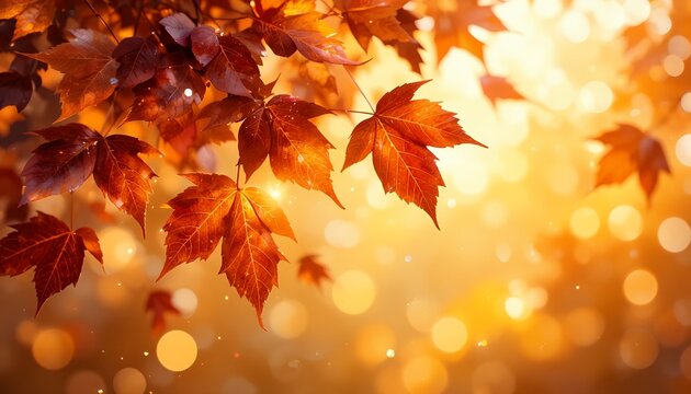 vibrant autumn maple leaves glowing against a soft golden blurred background with warm sunlight