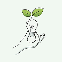 Hand holding a lightbulb with growing leaves symbolizing new ideas.