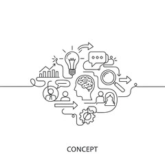 Abstract line art depicts ideas and thought processes in a circular arrangement.