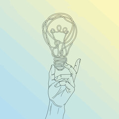 Hand holding a sketched lightbulb against a gradient background.