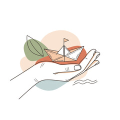 Hand holding a small boat with sail and leaves.