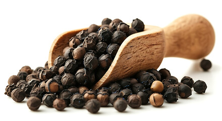 A close up view of black peppercorns spilling from a wooden scoop against a white background