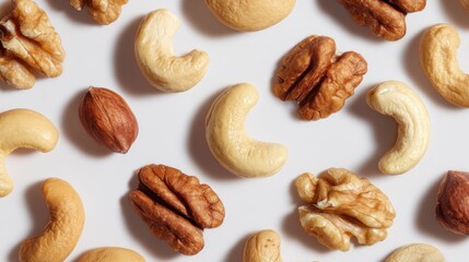 Close-up of various nuts scattered on a white surface, showcasing textures and colors