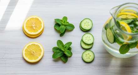Fresh Detox Water Ingredients with Lemon, Cucumber, and Mint on White Wood