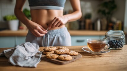 Woman Embracing a Healthy Lifestyle by Rejecting Cookies While Enjoying Tea in a Cozy Kitchen Setting