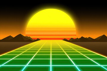 Retro sun over grid road, hills silhouette, and dark sky