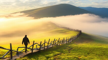 Man walking on a winding mountain path through golden mist at sunrise. Serene landscape with rolling hills and wooden fence.