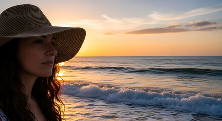 Woman wearing a hat watching the sunset over the ocean at the beach