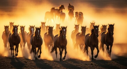 Powerful Wild Horses Galloping in Golden Light and Dust at Sunset