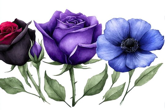 Watercolor roses and anemone, gradient hues
