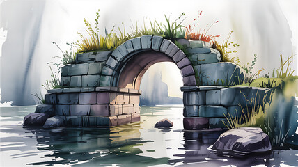 Stone Arch Bridge Over Water with Lush Greenery and Sunlight ancient weathered stone