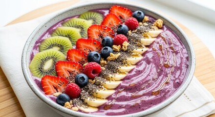 Healthy Breakfast Acai Bowl Topped with Mixed Berries and Kiwi