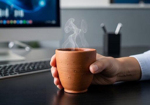 Hand holding steaming terracotta cup at work desk illustration