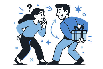 Naklejka premium Gift Exchange Suspense. Gift guessing. Two people exchanging glances, one hiding a gift behind their back.