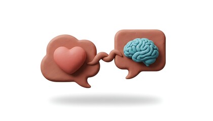 3D cartoon pastel speech bubbles with heart and brain icons inside, soft tones and clean shadows, isolated on white background.