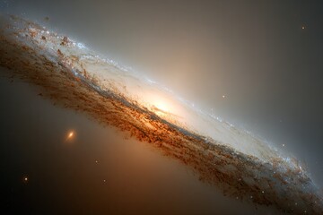 Edge-on galaxy with bright central bulge and dusty, dark lanes