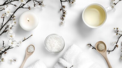 Delicate spring blossoms and natural cosmetic products arranged in a serene minimalist still life composition for a spa like atmosphere and self care