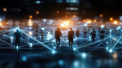Silhouettes of people walking through a dynamic interconnected digital network with glowing lines and lights representing technological progress and innovation in a modern complex urban setting