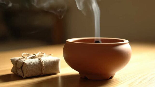 Aromatic Smoke Rising from a Terracotta Incense Burner on a Wooden Table.
