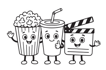 Vector cartoon concept depicting a fun cinema scene in black and white: featuring a cheerful popcorn character, a bubbly soft drink cartoon, and a classic clapperboard.