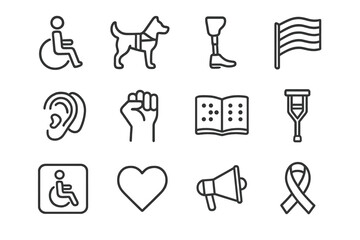 Disability Awareness Icons. Disability awareness icons. Line outline icon set of disability awareness icons: