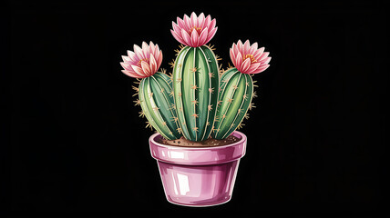 Three blooming cacti in a pink pot on a black background cactus succulent