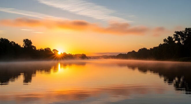 Beautiful orange and blue sunrise or sunset reflection over a calm river or lake landscape with clouds and trees