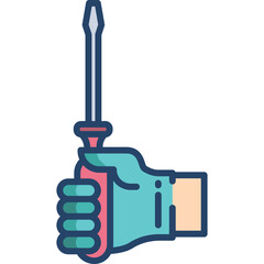 Hand in protective glove holding a screwdriver tool for repairs and construction on a transparent background illustration