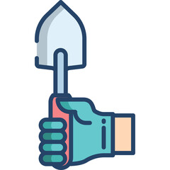 Hand Wearing Teal Gardening Glove Holding Small Metal Shovel With Pink Cuff And Peach Skin Tone Against Transparent Background