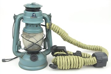 Aqua lantern, glass globe, springy tube-connected device, white backdrop